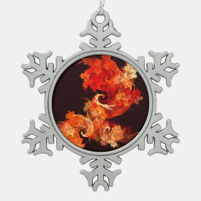 Dancing Firebirds Abstract Art Snowflake Pewter Christmas Ornament (Front)