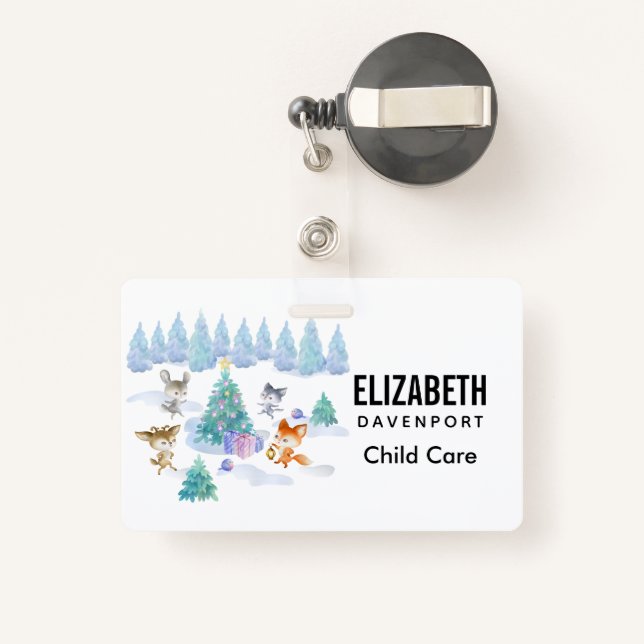 Dancing Forest Animals Christmas Watercolor Badge (Back with Retractable)