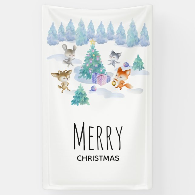 Dancing Forest Animals Christmas Watercolor Banner (Vertical)