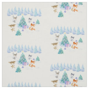 Dancing Forest Animals Christmas Watercolor Fabric