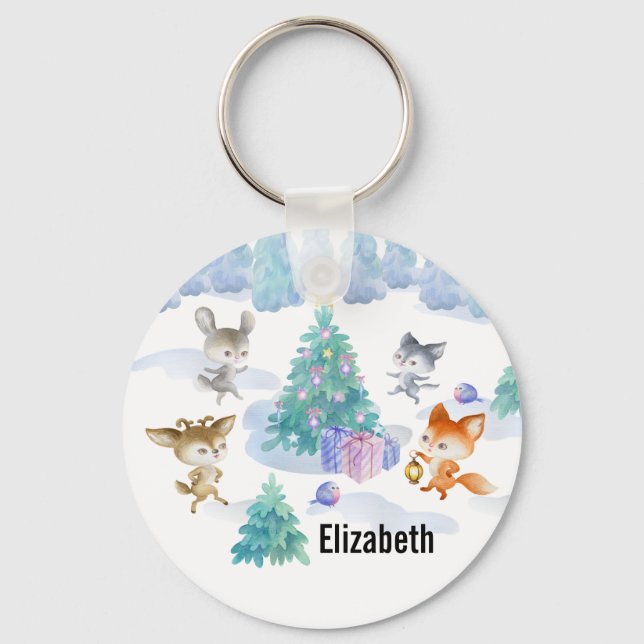 Dancing Forest Animals Christmas Watercolor Keychain (Front)
