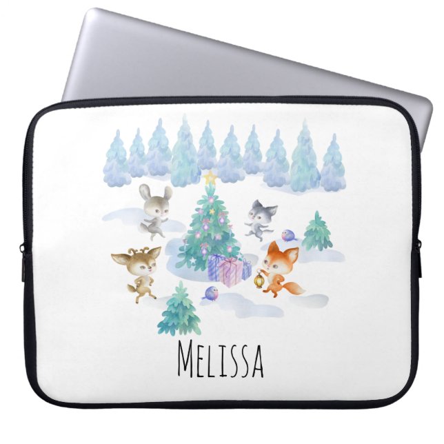 Dancing Forest Animals Christmas Watercolor Laptop Sleeve (Front)