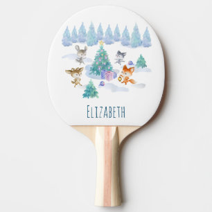Dancing Forest Animals Christmas Watercolor Ping Pong Paddle