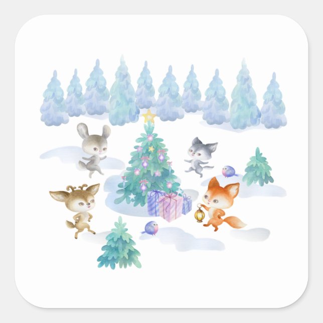 Dancing Forest Animals Christmas Watercolor Square Sticker (Front)