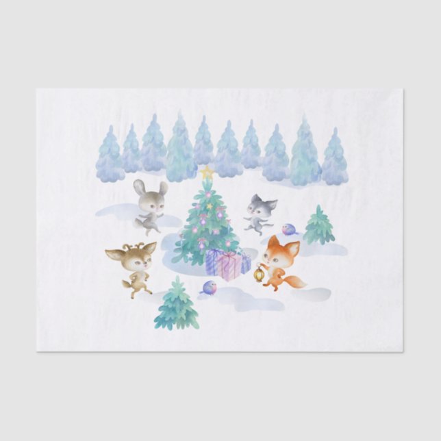 Dancing Forest Animals Christmas Watercolor Tissue Paper (Front)