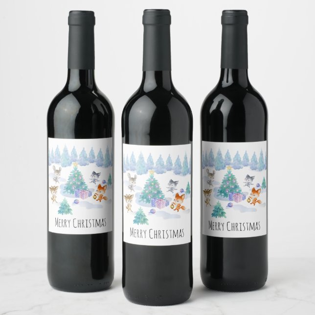 Dancing Forest Animals Christmas Watercolor Wine Label (Bottles)
