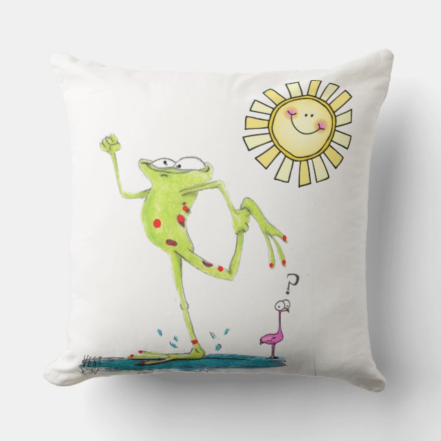 Dancing Frog, Flamingo and Smiling Sun on Outdoor Pillow (Front)