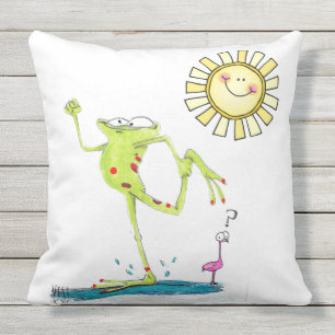 Dancing Frog, Flamingo and Smiling Sun on Outdoor Pillow