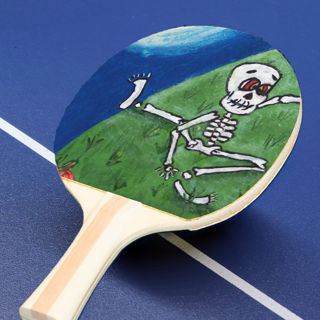 Dancing Funny Skeleton Bat Moon Halloween Ping Pong Paddle (Funny dancing skeleton in grass pumpkins night blue sky on ping pong paddle.)