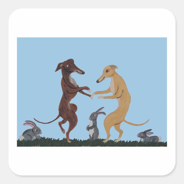 Dancing Greyhounds & Bunny Friends Invitation Square Sticker (Front)