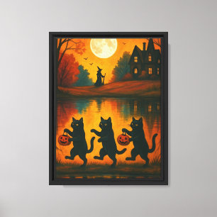 Dancing Halloween Cats with Witch and Moon Canvas Print