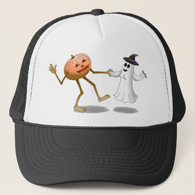 Dancing Halloween Pumpkin and Ghost Trucker Hat (Front)