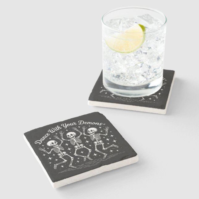 Dancing Halloween Skeletons Stone Coaster (Side)