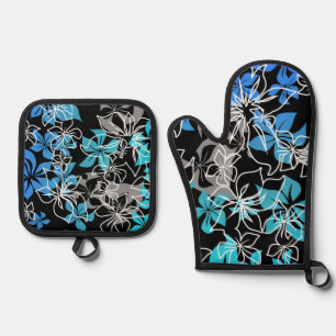 Dancing Hibiscus Hawaiian Blend Teal Oven Mitt & Pot Holder Set
