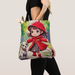 Dancing in rain -chibi art tote bag