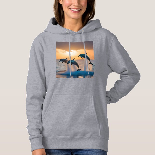 Dancing in the Dusk: Three Dolphins Leaping  Hoodie (Front)