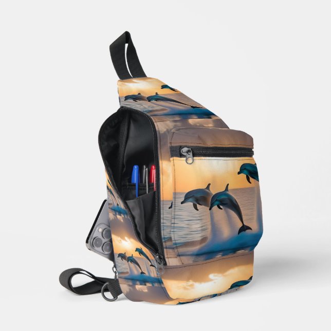 Dancing in the Dusk: Three Dolphins Leaping  Sling Bag (Open)