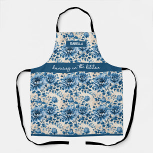 "Dancing in the Kitchen" – Blue Floral Custom Name Apron