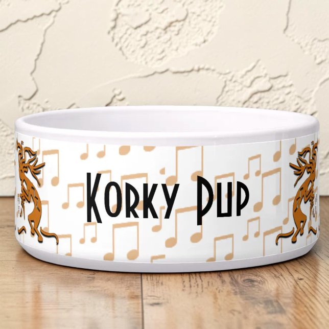Dancing Kokopelli Merrymaker With Musical Notes (Kokopelli and musical notes custom pet bowl.)