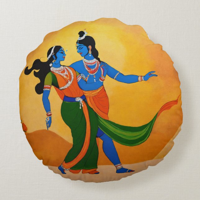 dancing krishna radha round pillow (Back)