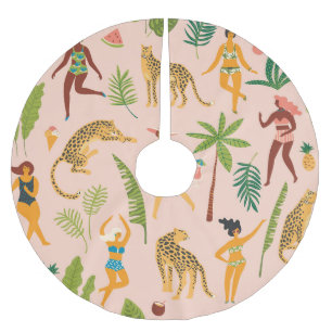 Dancing Ladies, Leopards Vintage Pattern. Brushed Polyester Tree Skirt