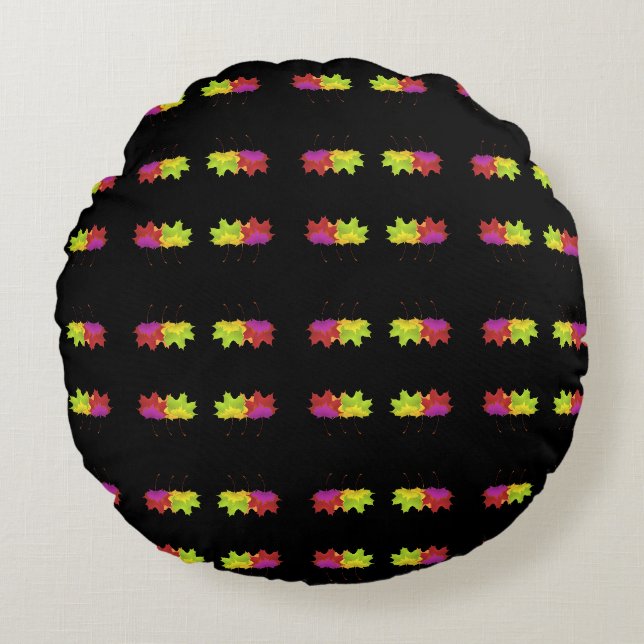 DANCING LEAF DESIGN ON BLACK    ROUND PILLOW (Front)