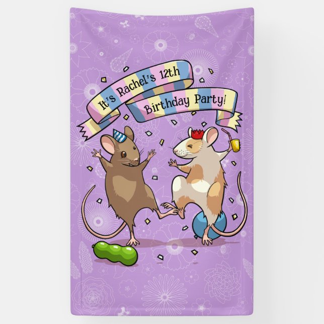Dancing Mice Name & Age Happy Birthday Party Banner (Vertical)