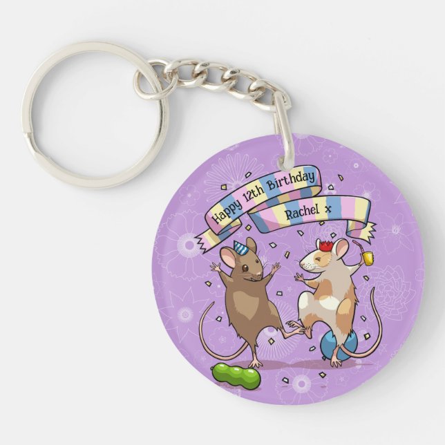Dancing Mice Name & Age Happy Birthday Party Keychain (Front)