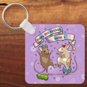 Dancing Mice Name & Age Happy Birthday Party Keychain