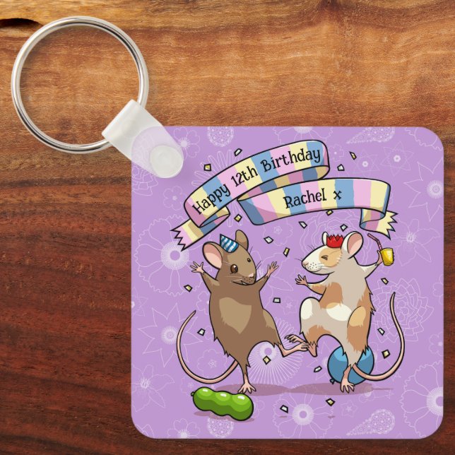 Dancing Mice Name & Age Happy Birthday Party Keychain (Front)