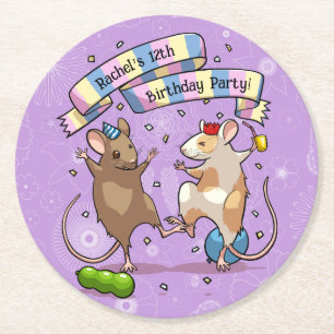 Dancing Mice Name & Age Happy Birthday Party Round Paper Coaster