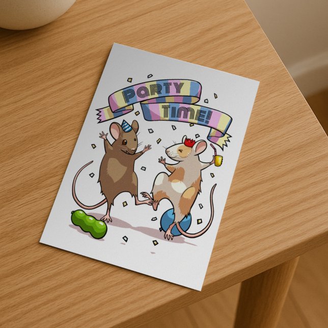 Dancing Mice Party Time Banner Confetti & Balloons Postcard (Creator Uploaded)