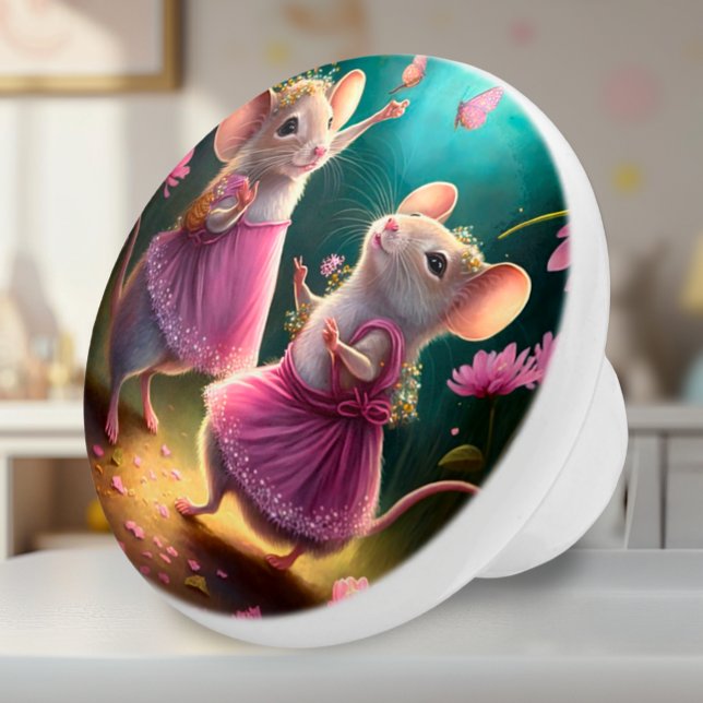 Dancing Mice - Personalized Fantasy Ceramic Knob (Ceramic Knob - Dancing Mice in Pink Dresses with Teal - Decor Accent for Girls Room or Nursery)