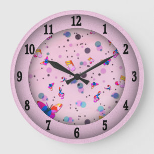 Dancing Music of Colors Pink with Black Numbers Large Clock