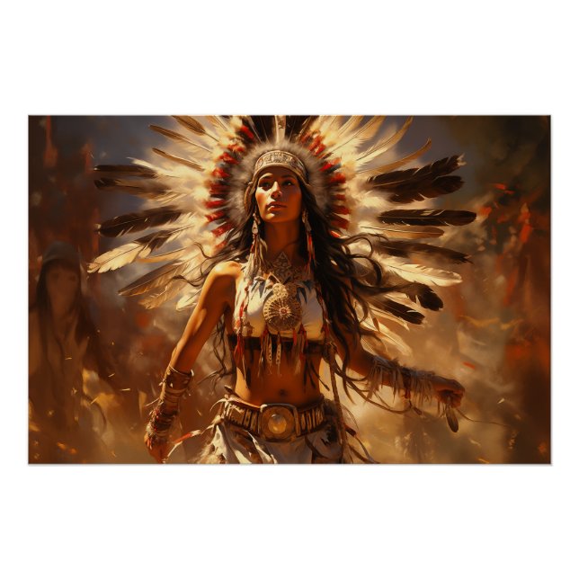 Dancing Native American Woman in Headdress Poster (Front)
