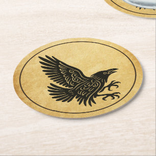 Dancing Norse Raven Round Paper Coaster