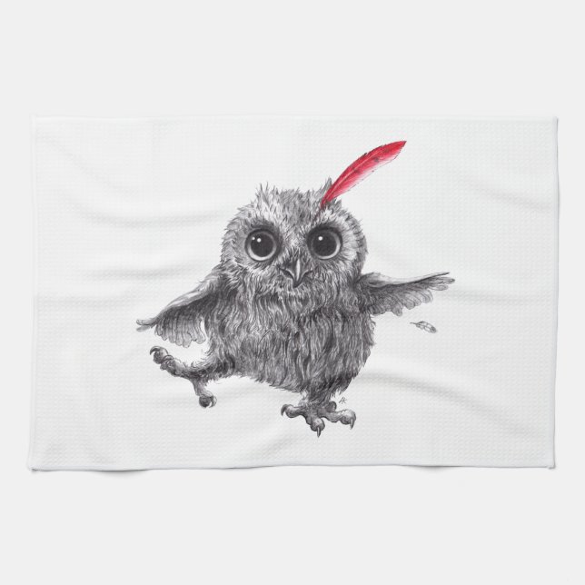 Dancing Owl with Red Feather Kitchen Towel (Horizontal)