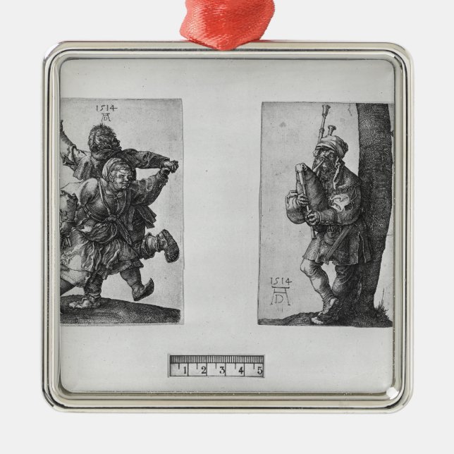 Dancing Peasants and a Bagpipe Player, 1514 Metal Ornament (Front)