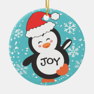 Dancing Penguin Joy Snowflakes Christmas Ceramic Ornament