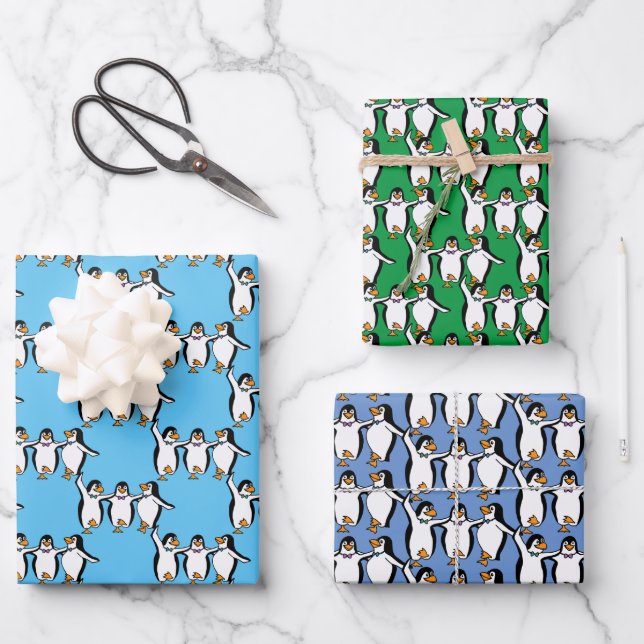Dancing Penguins Design Wrapping Paper Sheets (Front)