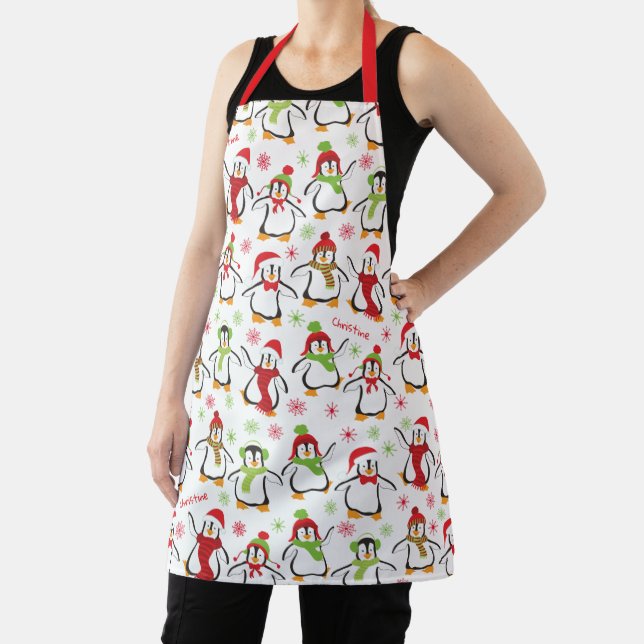 Dancing Penguins Red and Green Pattern Christmas Apron (Insitu)
