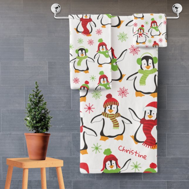 Dancing Penguins Red and Green Pattern Christmas Bath Towel Set (Creator Uploaded)