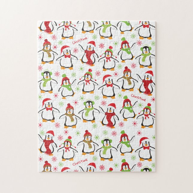 Dancing Penguins Red and Green Pattern Christmas Jigsaw Puzzle (Vertical)