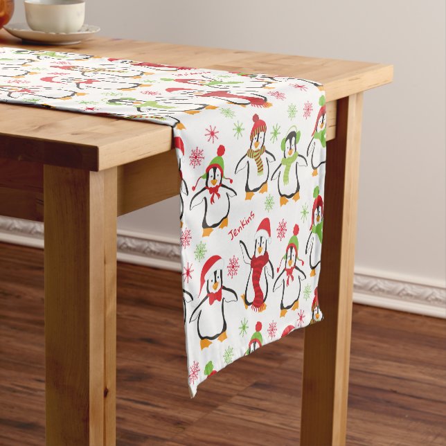 Dancing Penguins Red and Green Pattern Christmas Short Table Runner (In Situ)