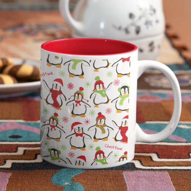 Dancing Penguins Red and Green Pattern Christmas Two-Tone Coffee Mug (Creator Uploaded)