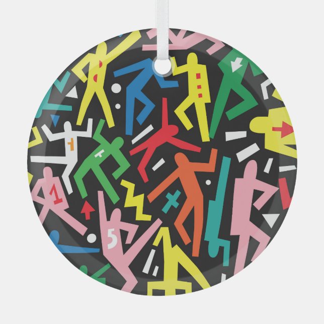 Dancing people, doodle set pattern. glass ornament (Front)