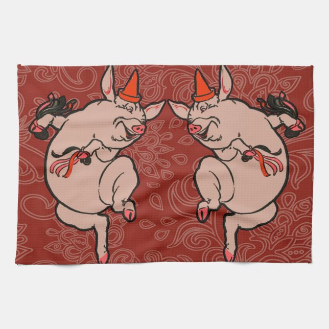 Dancing Pig Antique Cute Dancer Kitchen Towel (Horizontal)