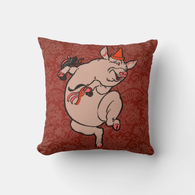 Dancing Pig Antique Cute Dancer Throw Pillow (Front)