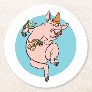 Dancing Pig Round Paper Coaster