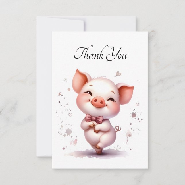 Dancing Piglet Bow Tie Blank Flat Thank You Card (Front)